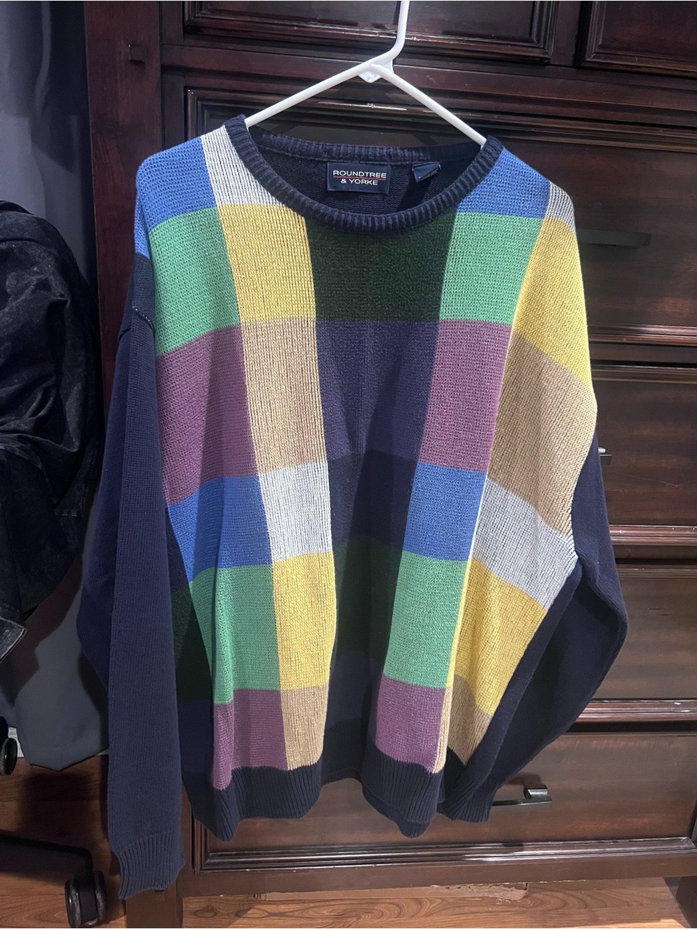 Roundtree & Yorke Navy Multicolor Check Crewneck Sweater